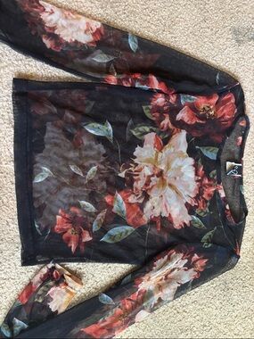Windsor Black Sheer Floral Long Sleeve Top with Red and Cream Blooms